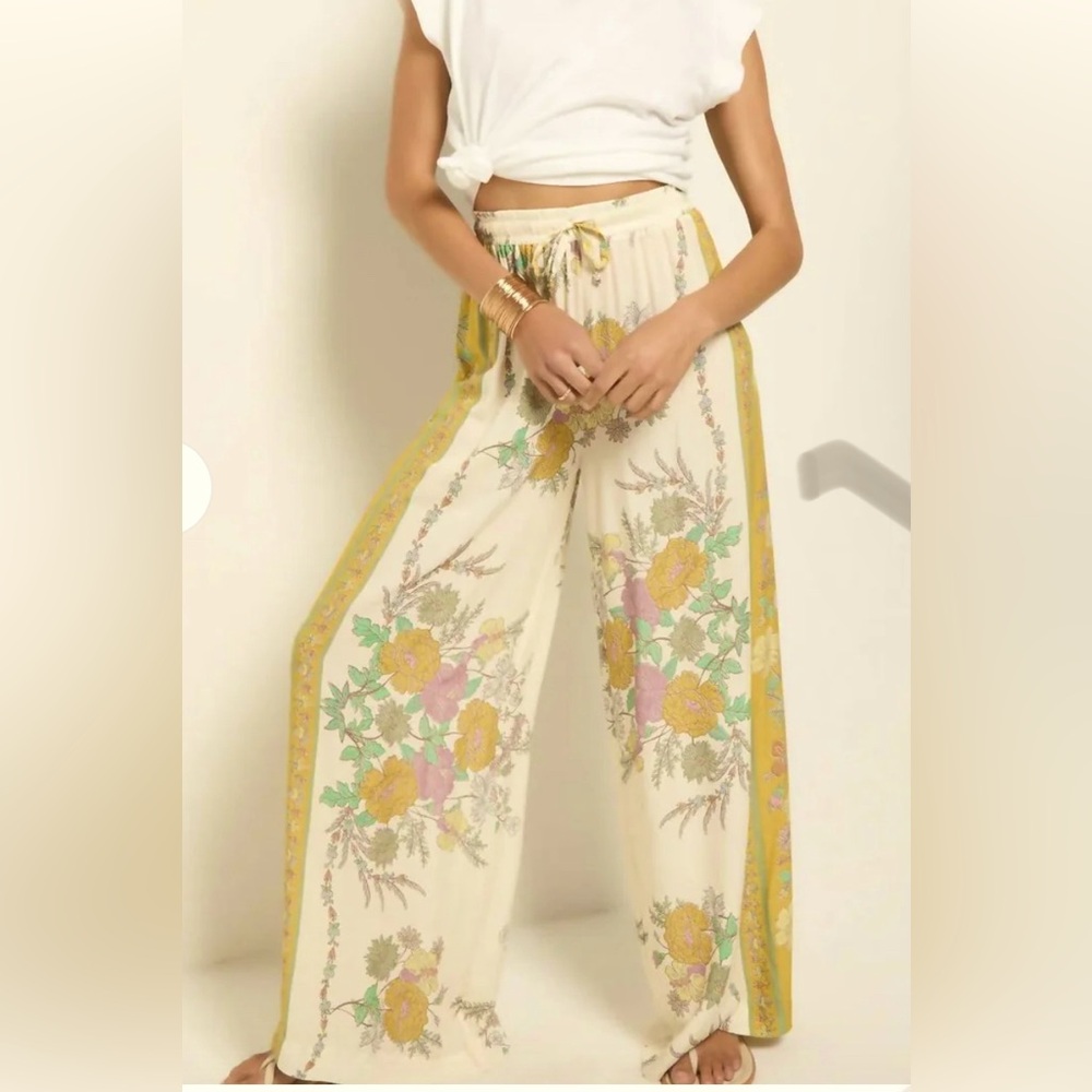 Bohemian Cream Floral Wide-Leg Lounge Pants